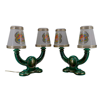 Pair of lamps in green and gold earthenware, circa 1940