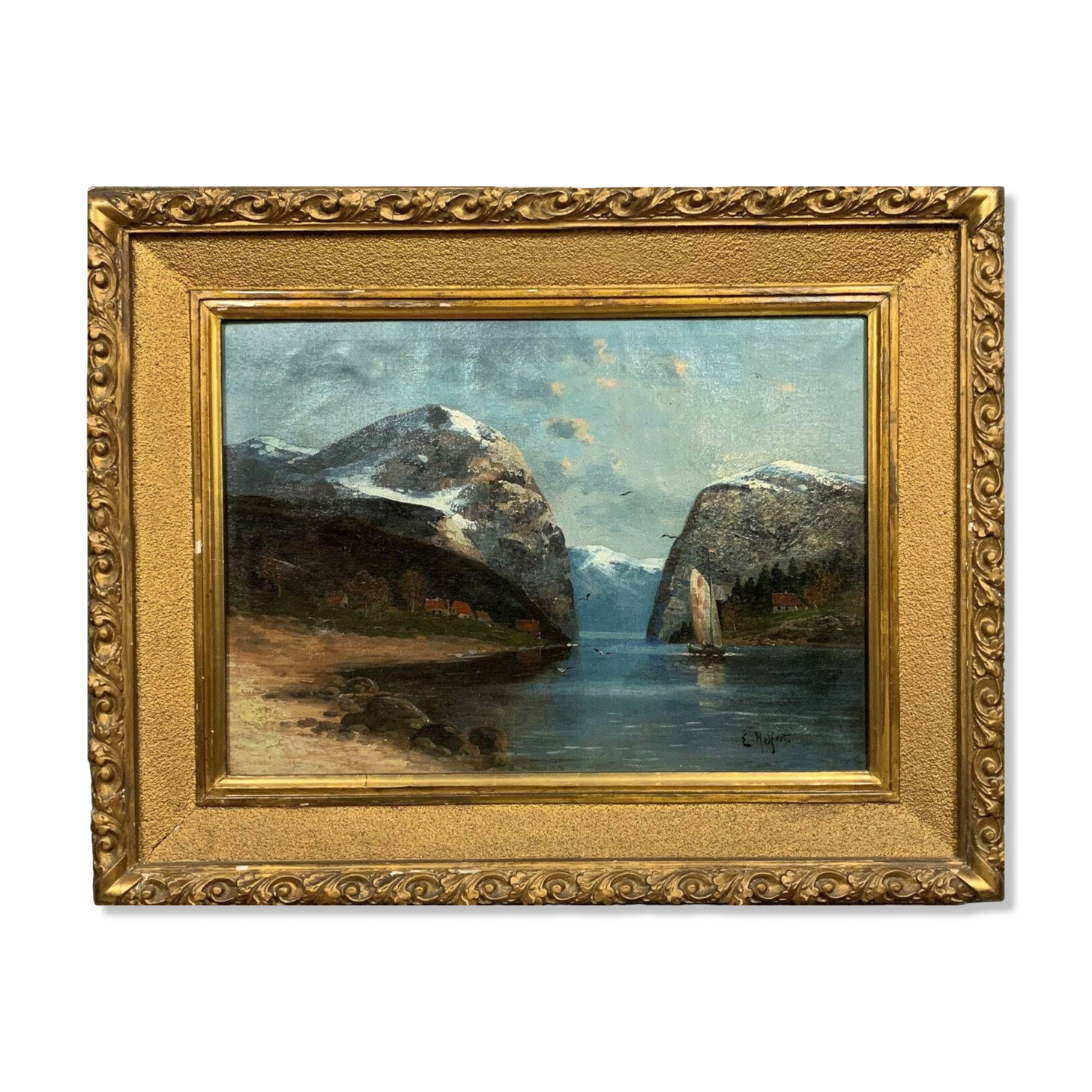 Willy Erik Helfert : grande huile sur toile paysage lacustre avec vue des alpes