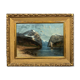 Willy Erik Helfert : grande huile sur toile paysage lacustre avec vue des alpes