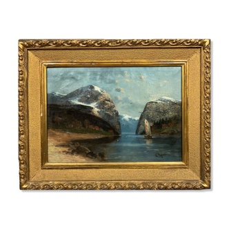 Willy Erik Helfert : grande huile sur toile paysage lacustre avec vue des alpes