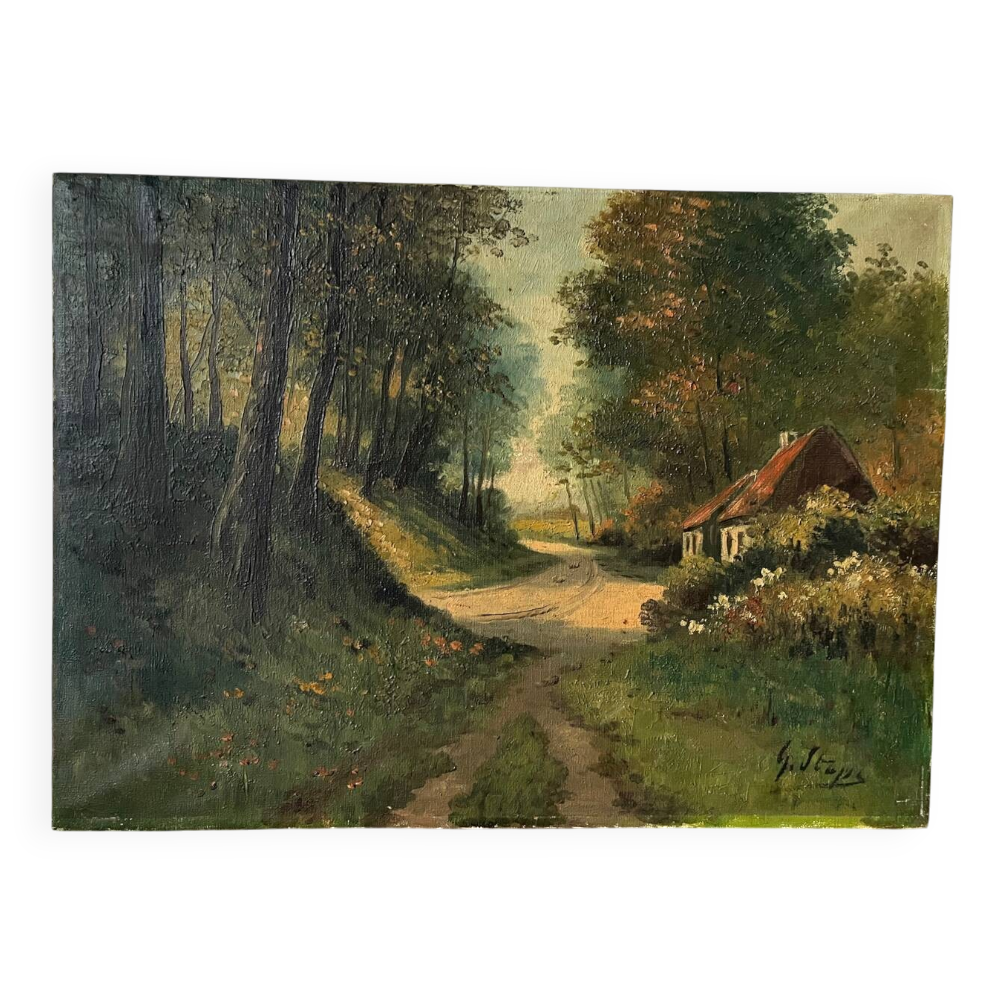 Cottage in the woods, oil on canvas signed