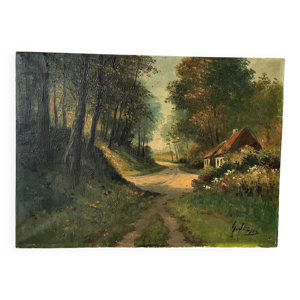 Chaumière dans les bois, - huile toile