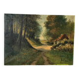 Cottage in the woods, oil on canvas signed