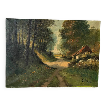 Cottage in the woods, oil on canvas signed