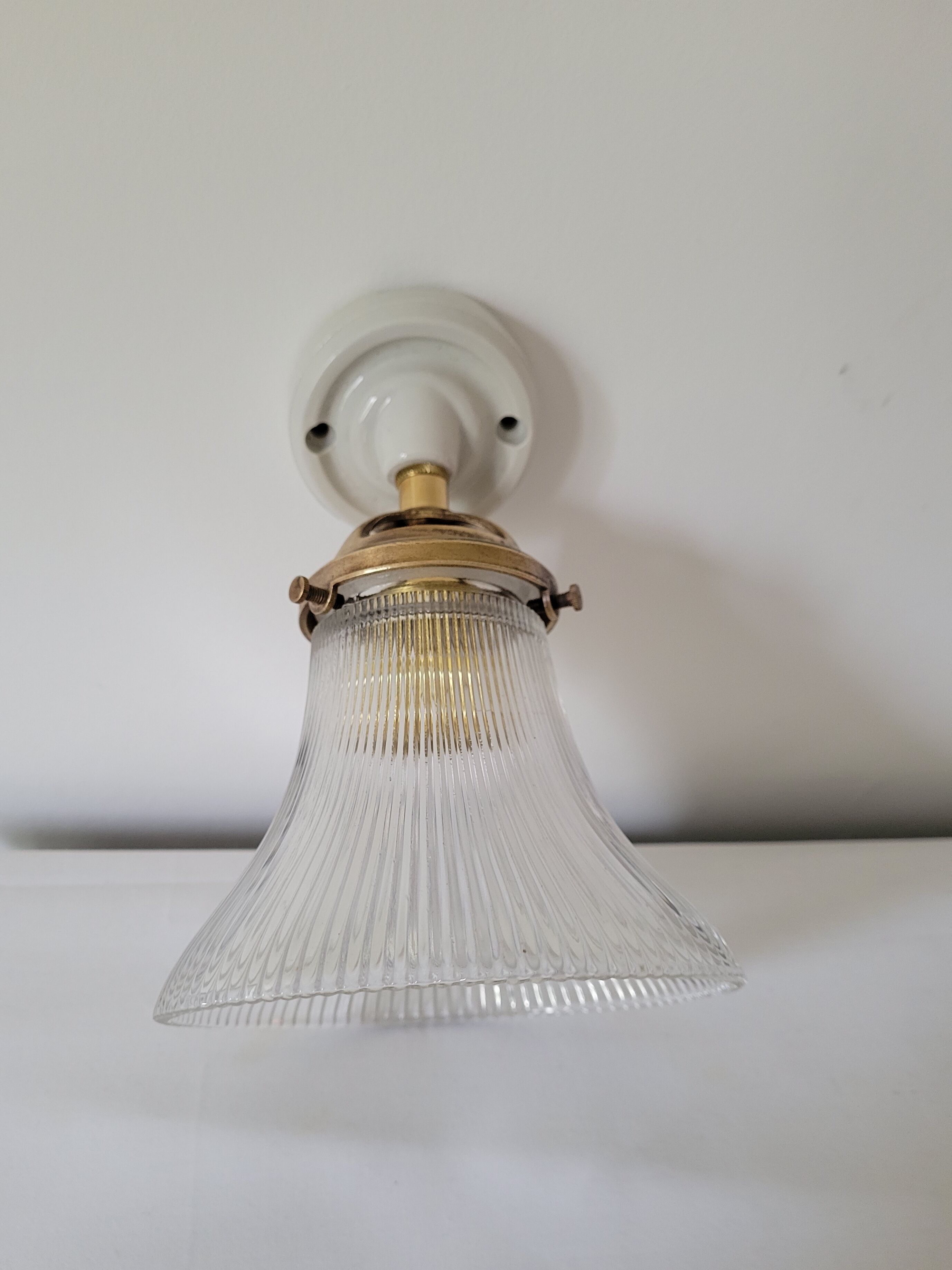 Porcelain wall lamp and Holophane style glass