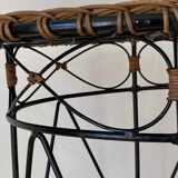 Vintage round table in woven rattan and black wrought iron – 1950s / 1960s