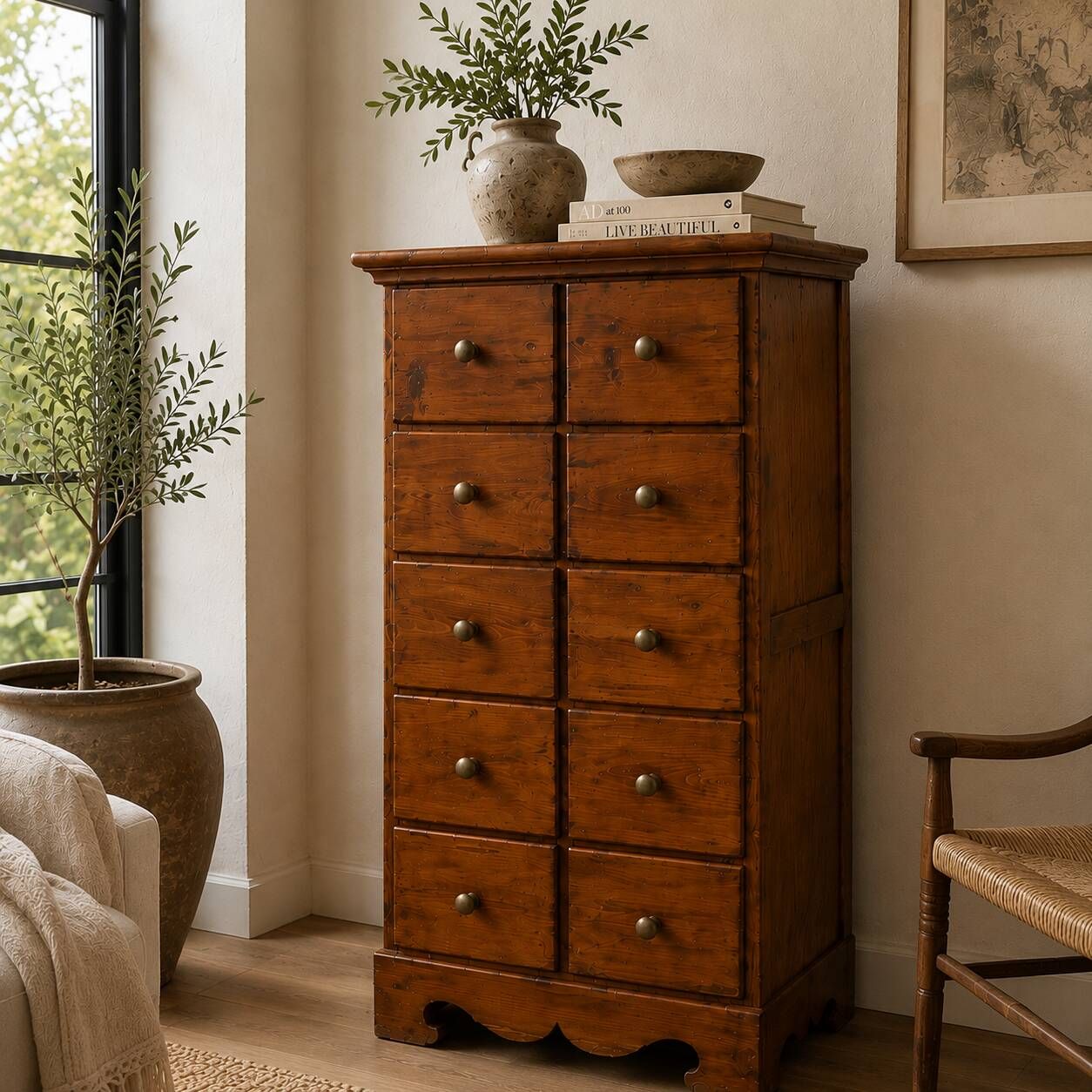 Tall Italian Chestnut Chest of Drawers with Brass Hardware, 1980s–1990s