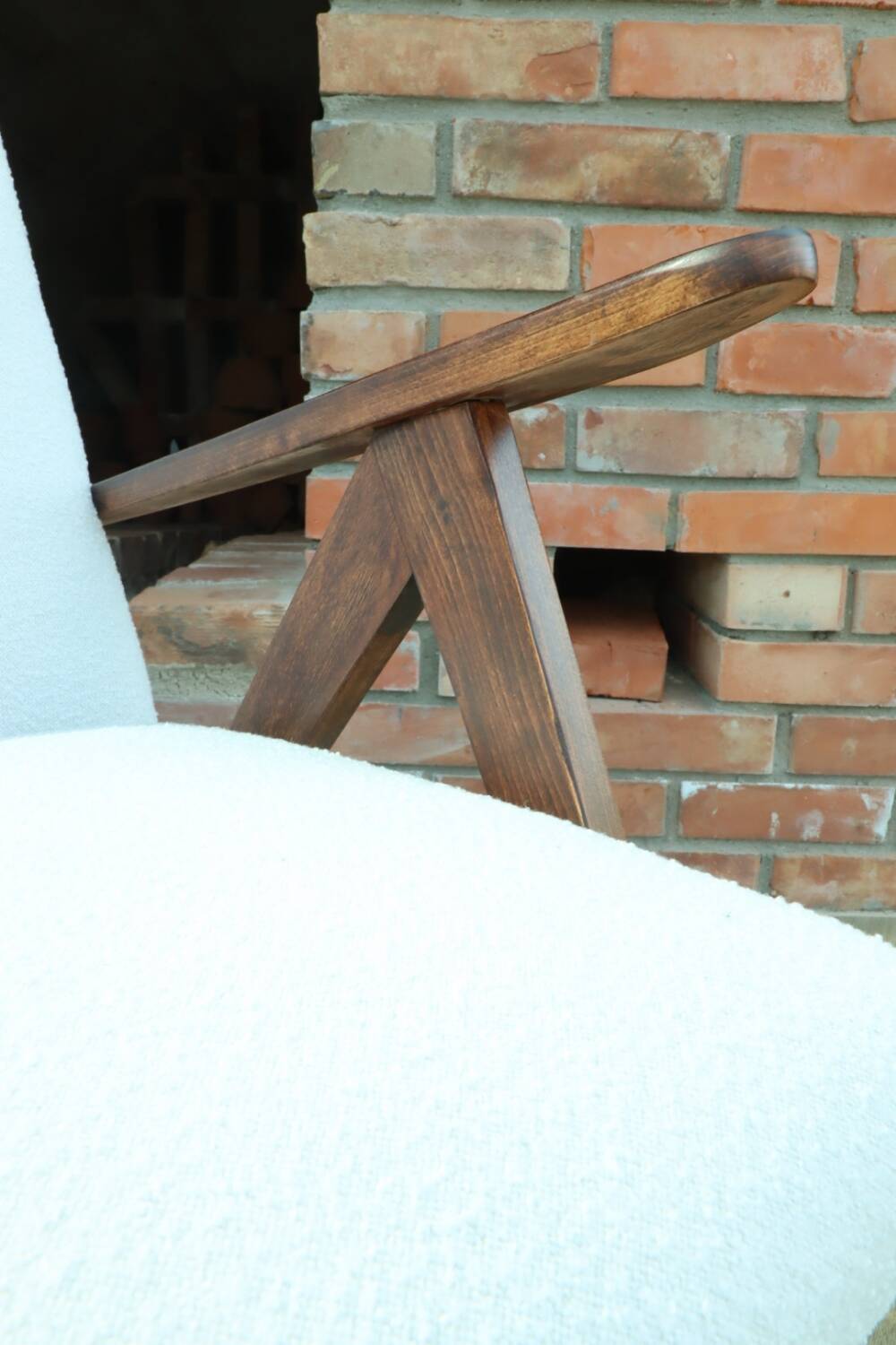 Vintage armchair mid century modern design white boucle dark walnut wood colour 1970 restored chair