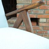 Vintage armchair mid century modern design white boucle dark walnut wood colour 1970 restored chair