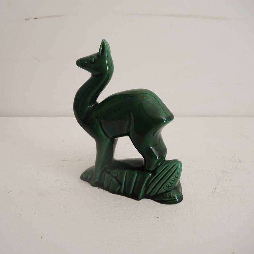 Vintage green ceramic deer figurine St Clément