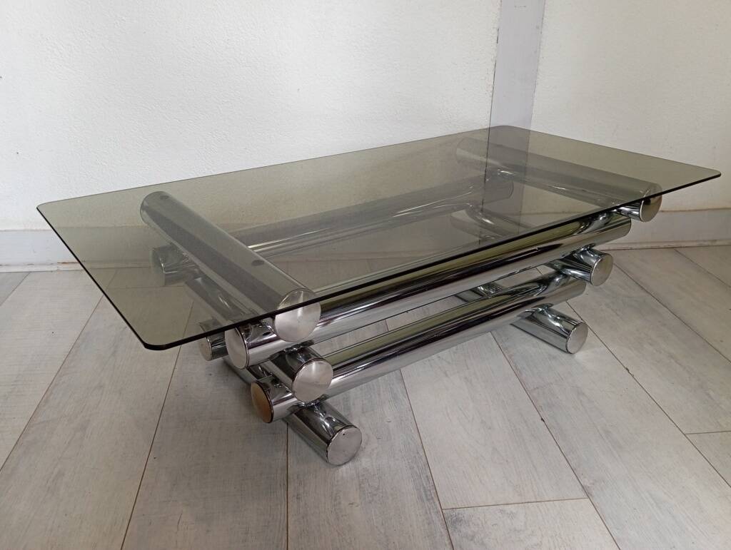 Table basse en métal chromé et verre fumé, années 70