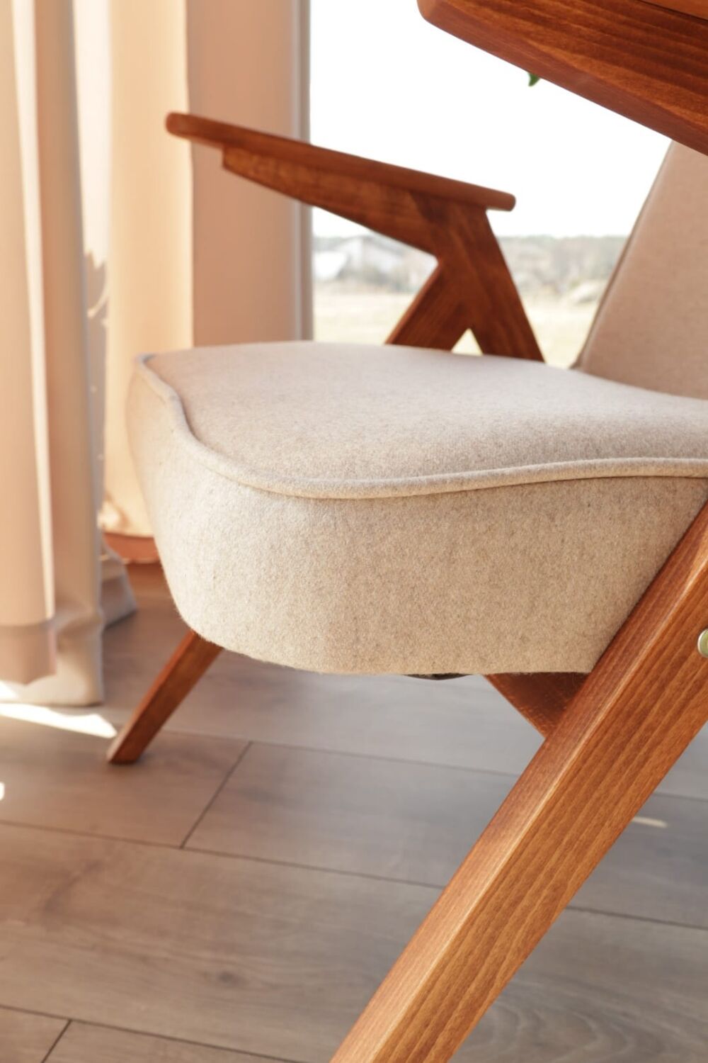 Vintage Lounge Chair Beige Wool Upholstery