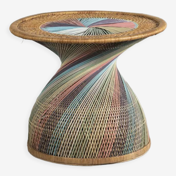 Polychrome wicker pedestal table, circa 1970