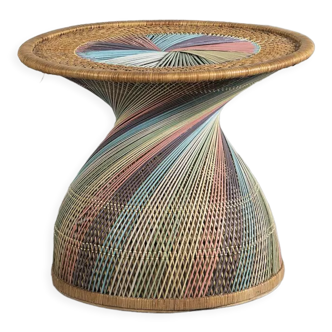Polychrome wicker pedestal table, circa 1970