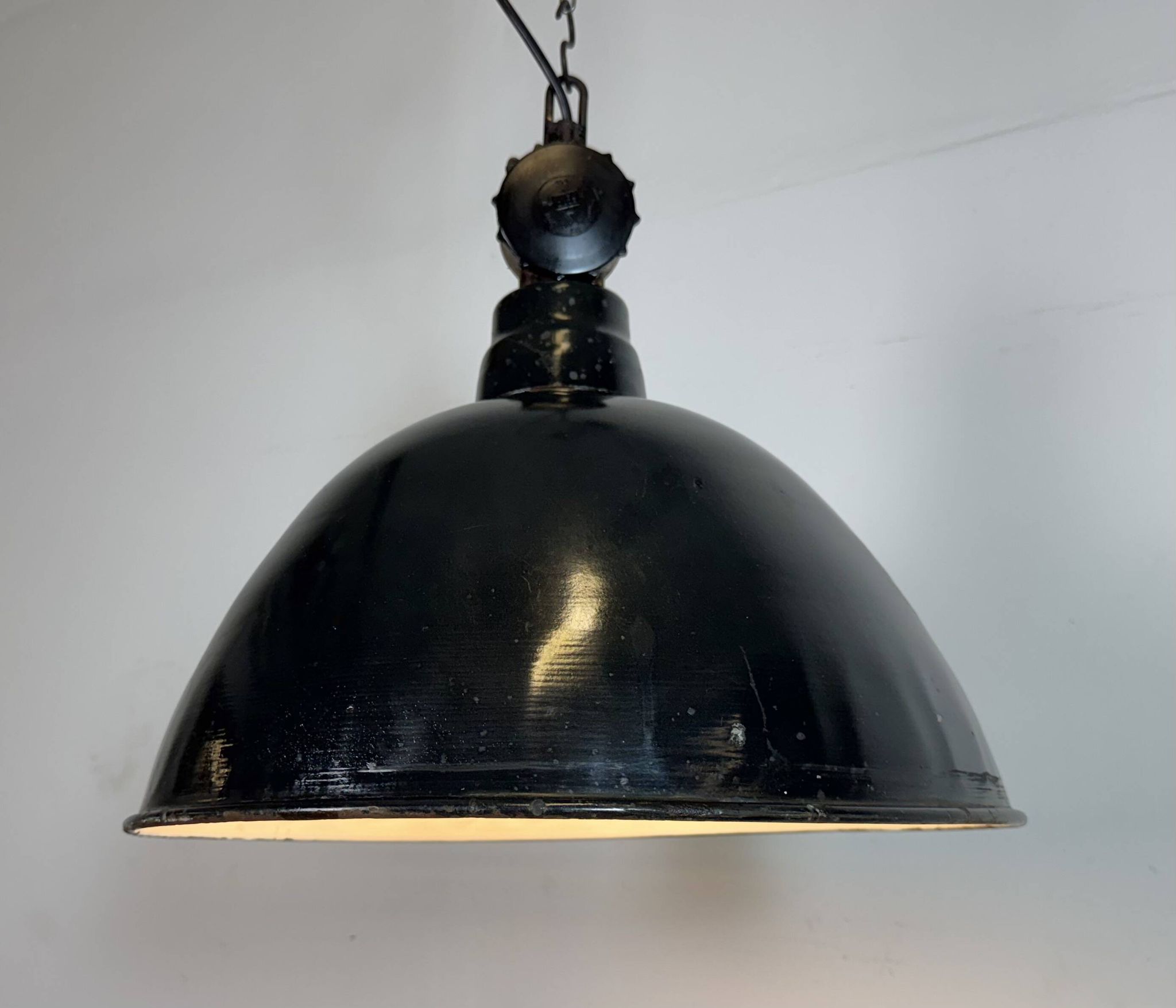 East German Black Enamel Factory Light by Lbd Veb Leuchtenbau Dresden, 1950