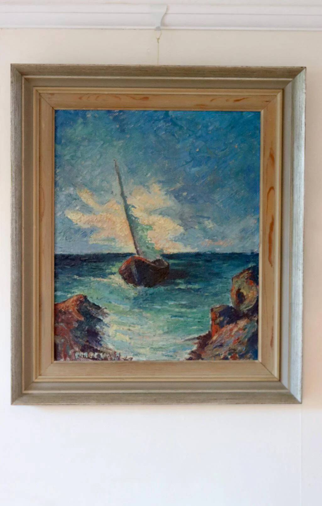 Original oil on panel from the mid-20th century – ship at sea