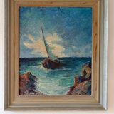 Original oil on panel from the mid-20th century – ship at sea