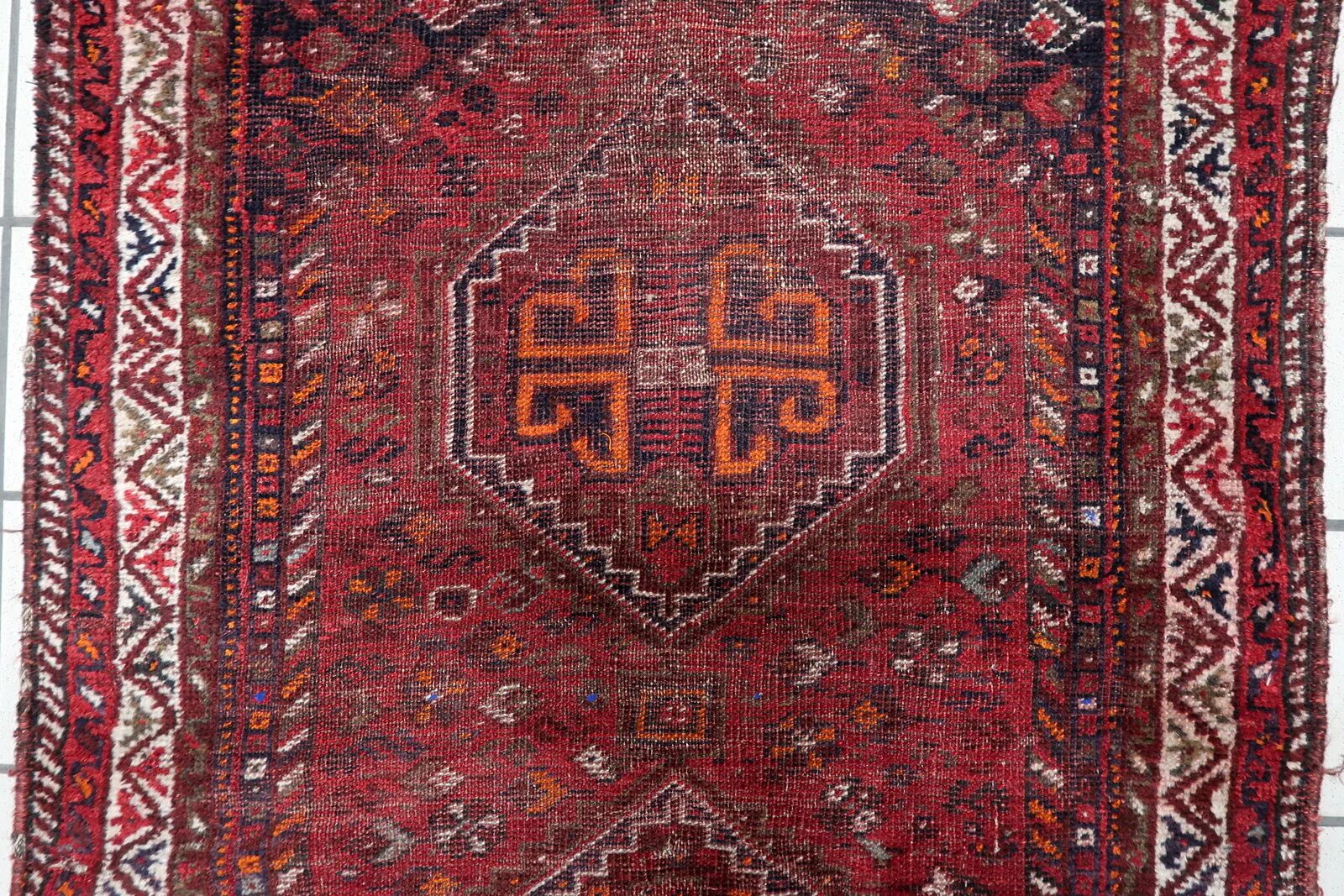 Antique Persian Shiraz handmade distressed rug 93 x 126 cm 1900s