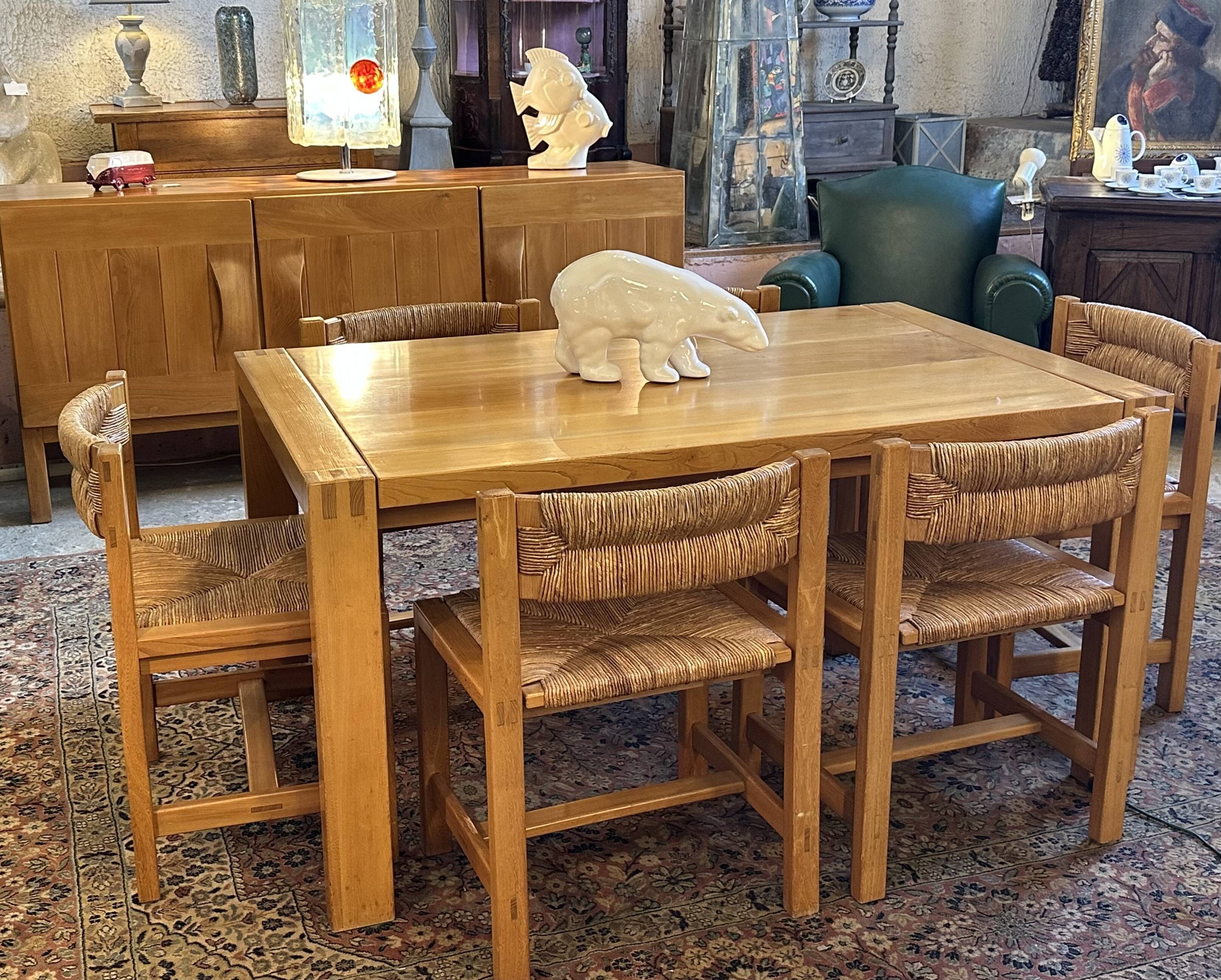 Extendable table in solid oiled elm by maison regain 1970