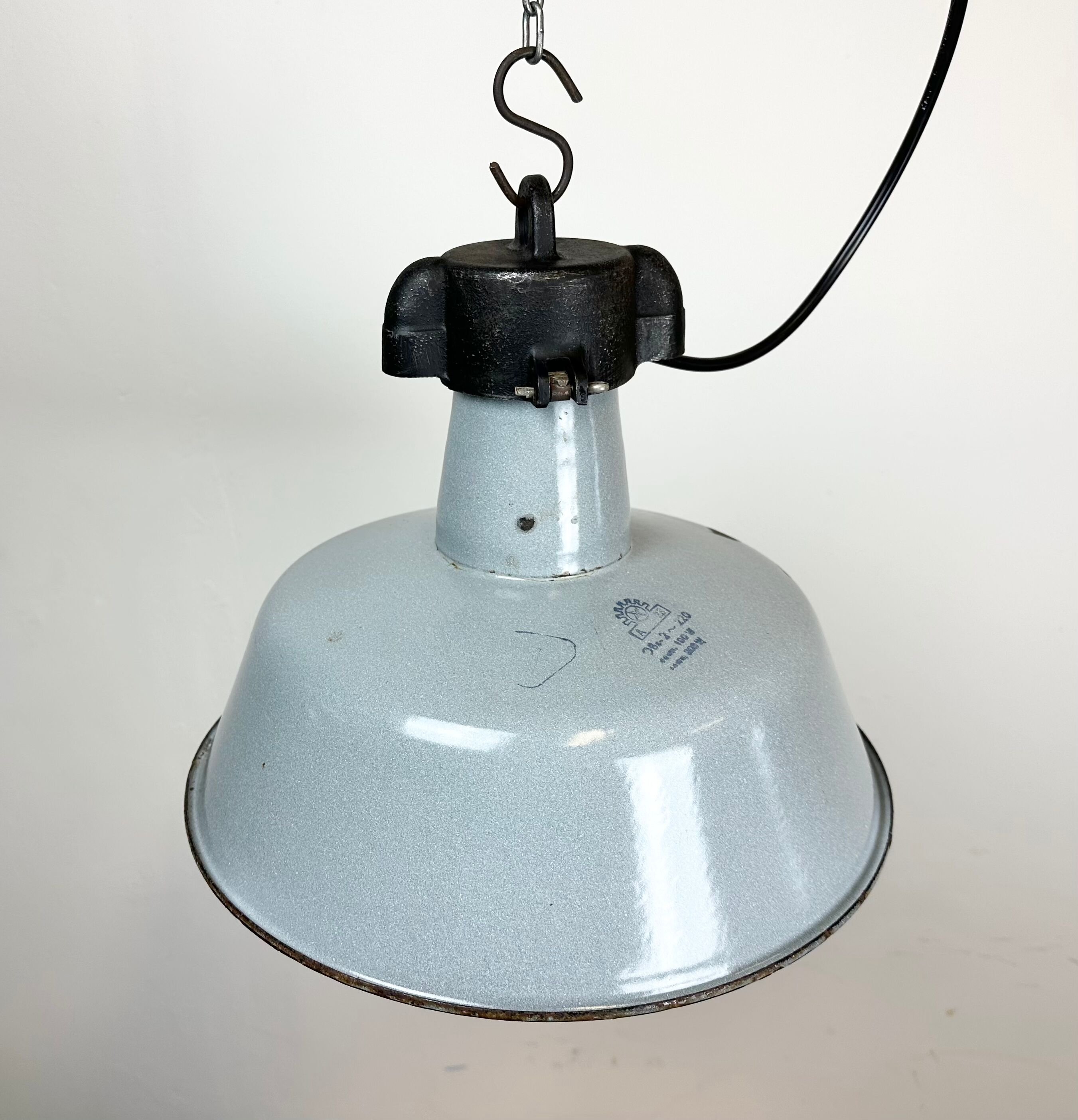 Industrial Grey Enamel Factory Lamp with Cast Iron Top, 1960s