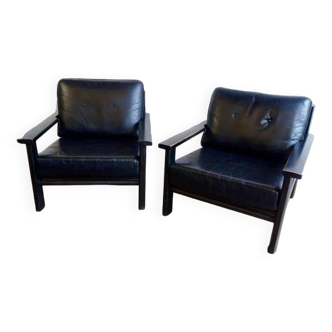 Set of 2 vintage black club armchairs / armchairs / single-seat