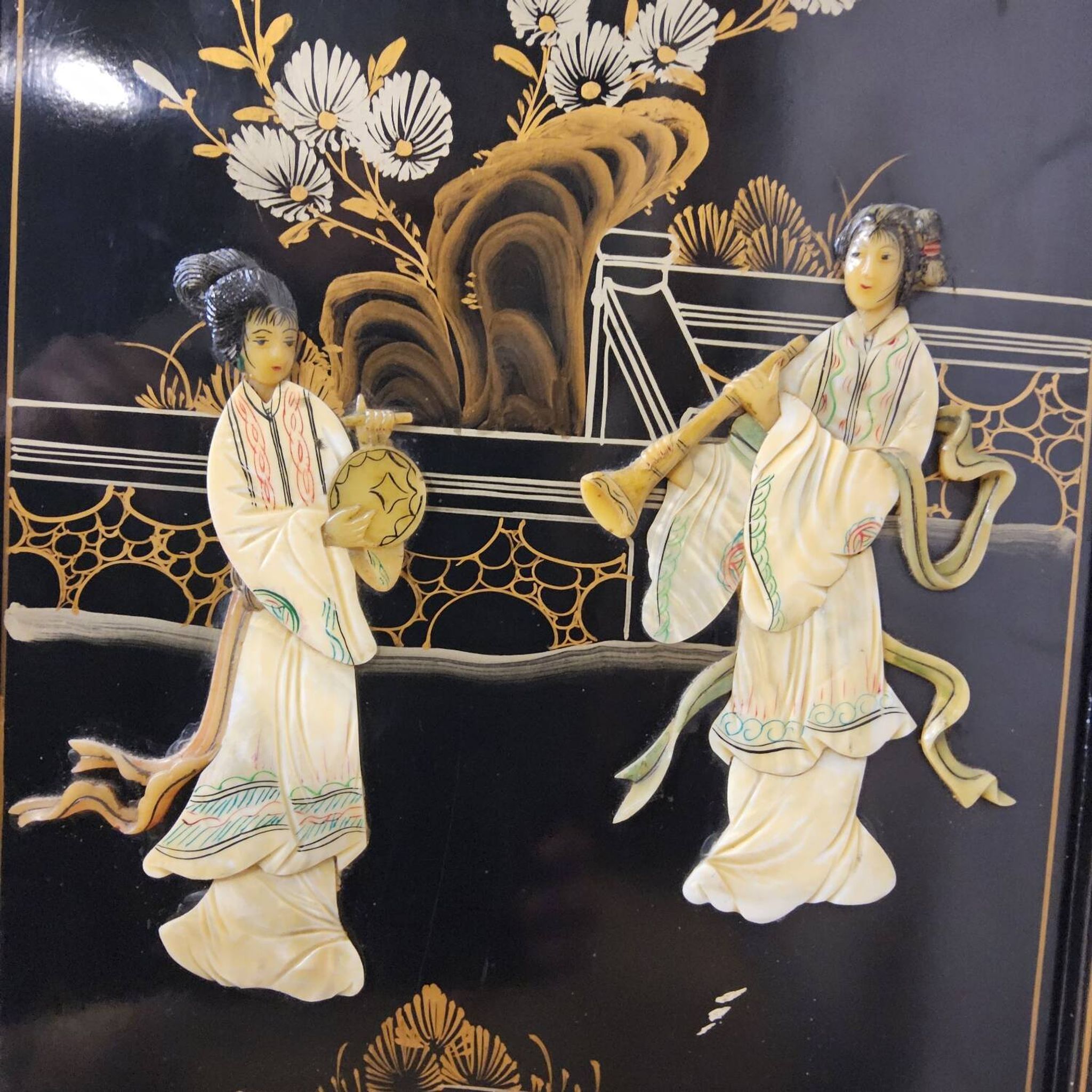 Vintage Chinese lacquer secretary desk with mother-of-pearl