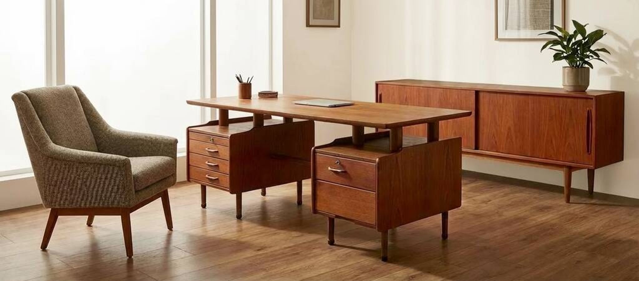 Vintage 1950s teak desk by designer Jacques Hauville.
