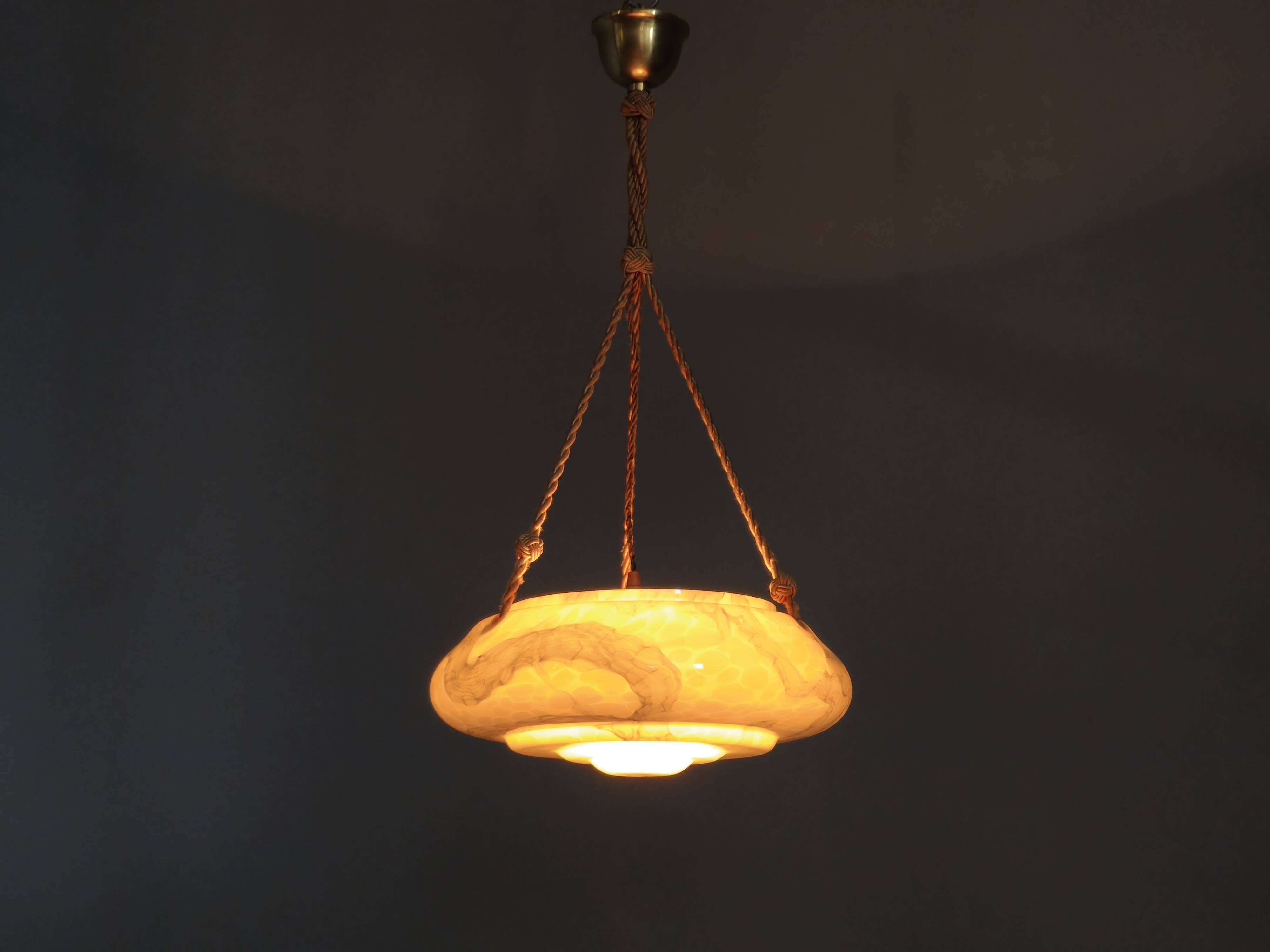 Art Deco Pendant Light, Marbled Glass and Brass, 1930s