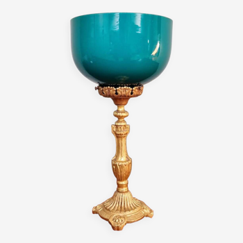 Lampe de table en bronze doré et opaline verte, début XXe siècle