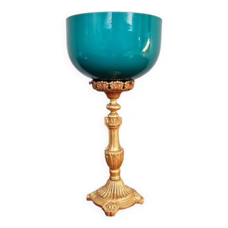 Lampe de table en bronze doré et opaline verte, début XXe siècle