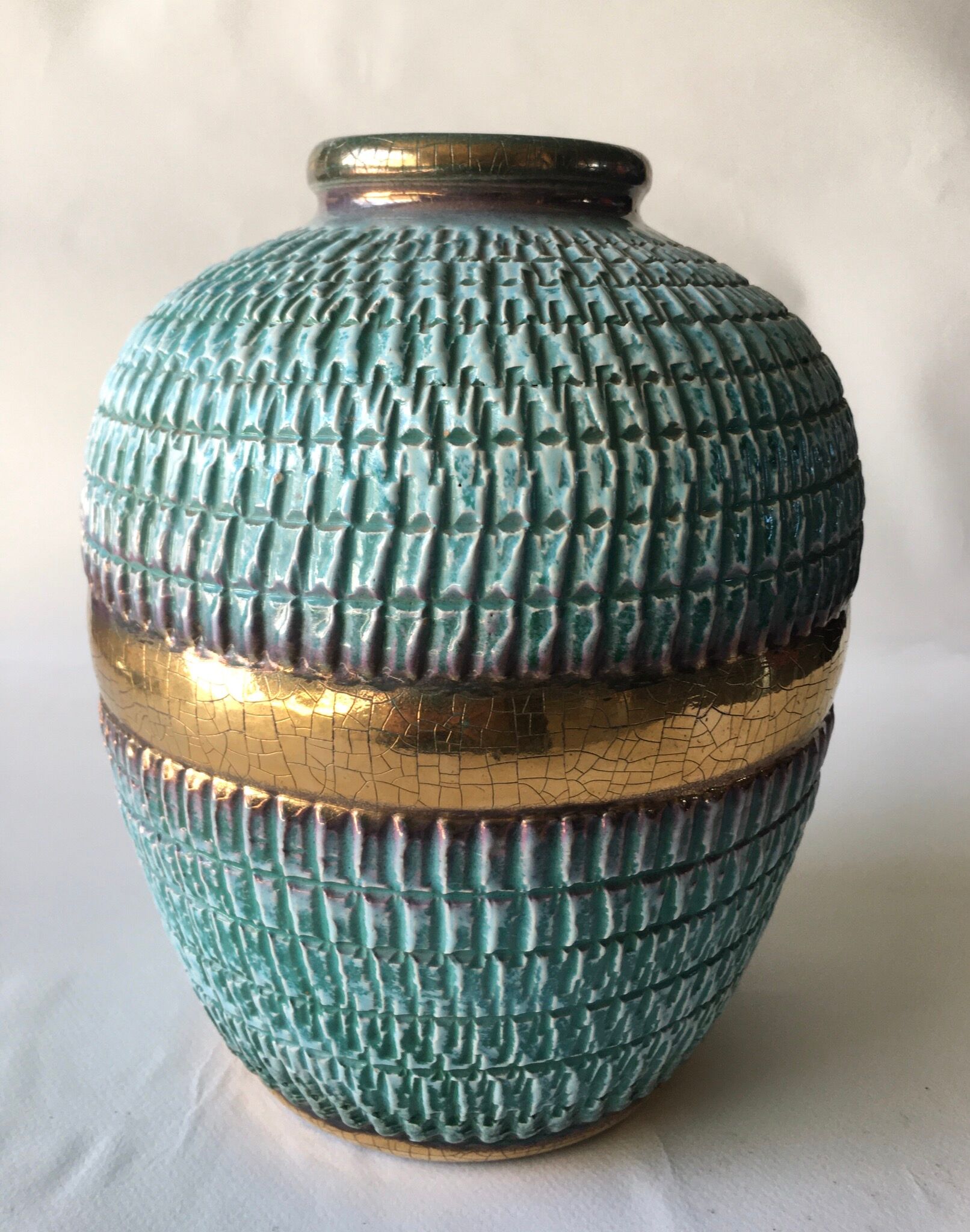 Celt and gold cracked art deco vase