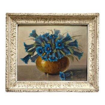 Tableau ancien peinture encadrée bouquet de fleurs bleues signé Freynal