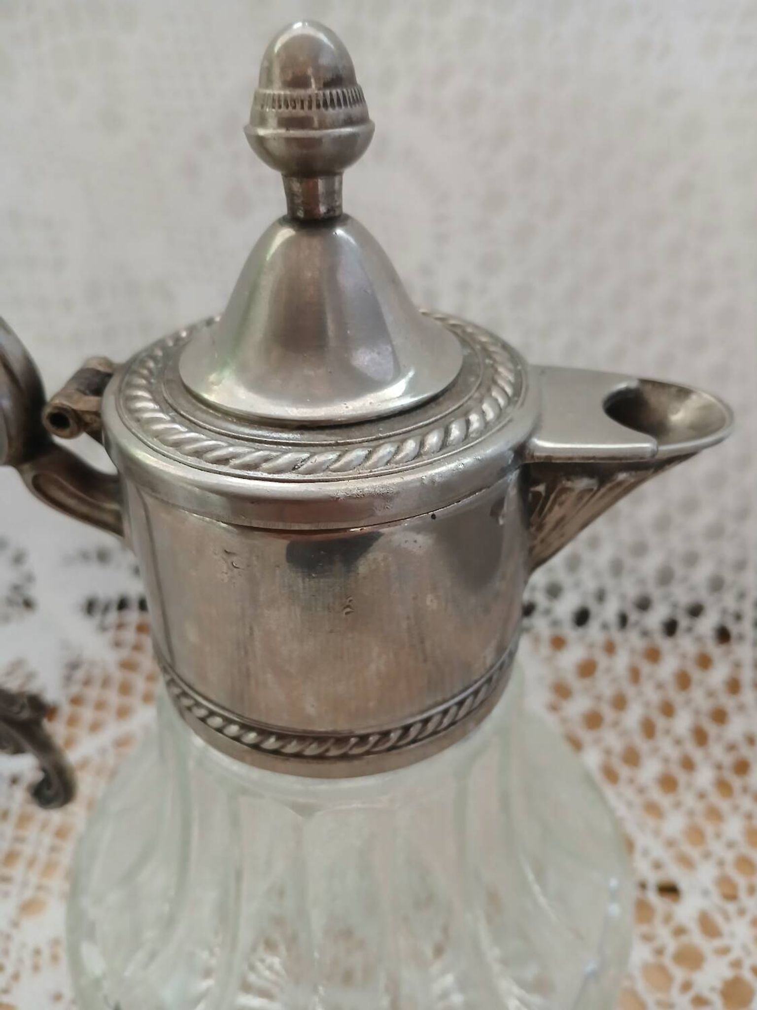Antique pewter and glass carafe