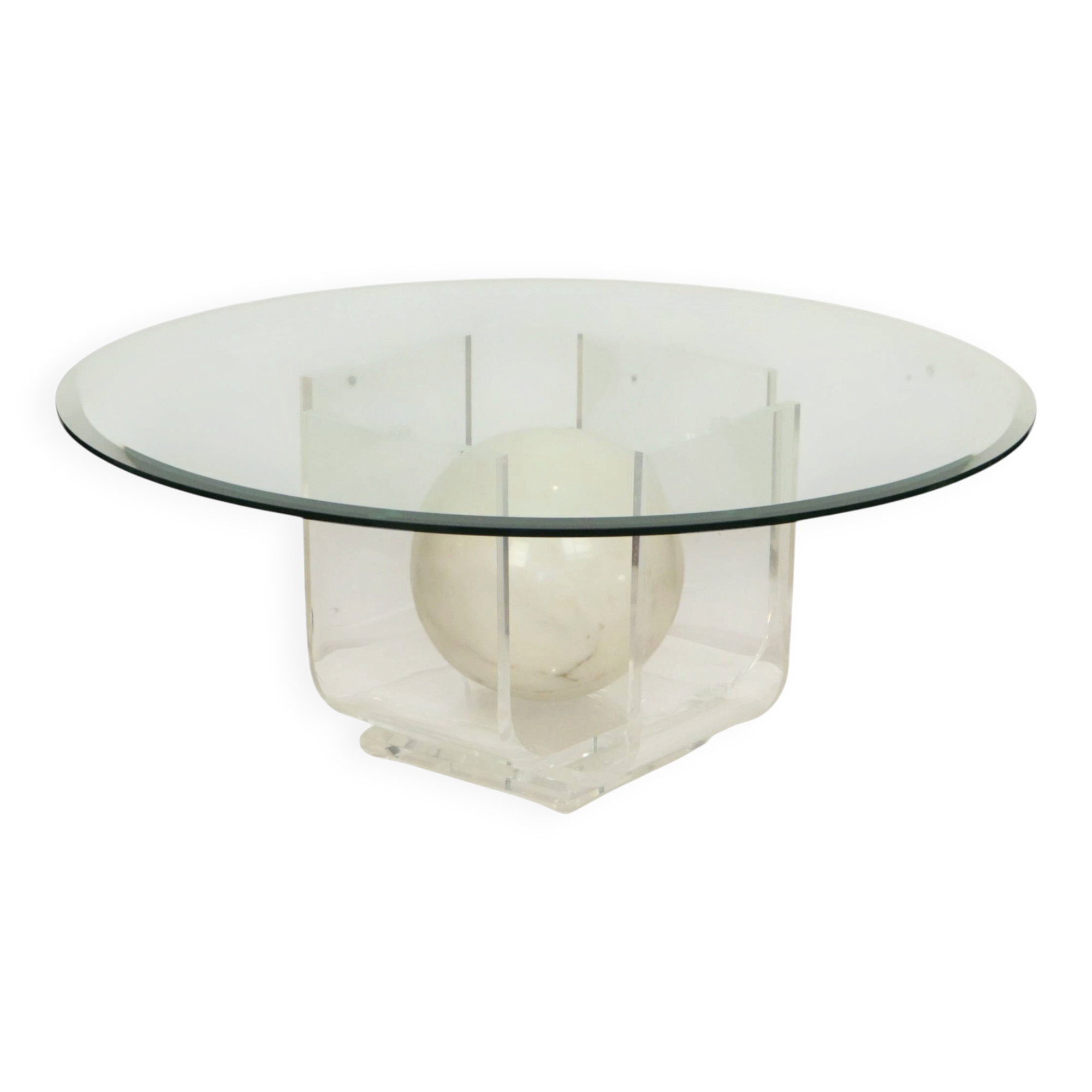 Vintage round coffee table in lucite and marbled glass.