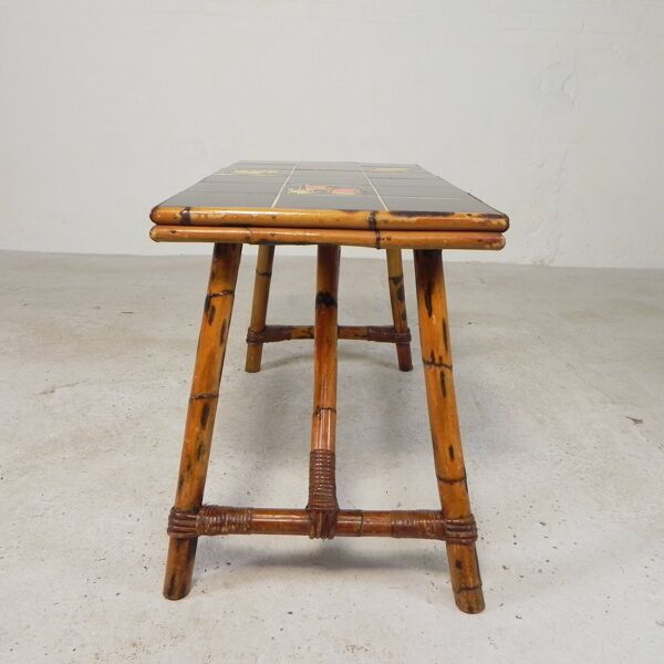 Table basse en rotin et bambou avec carreaux, table à carreaux, années 1950