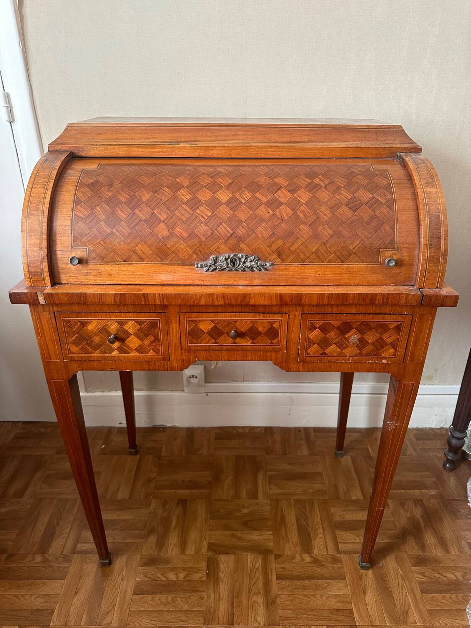 Cylindrical desk in cubic marquetry Louis XVI style late 19th, early 20th century