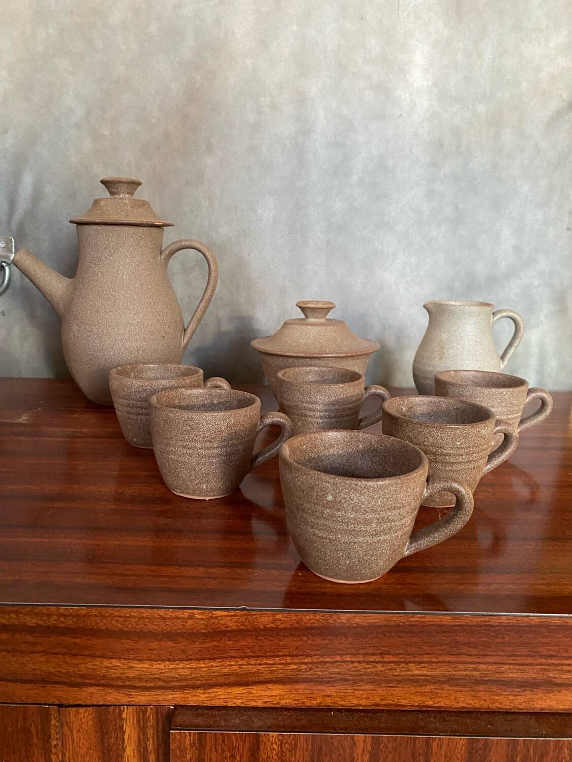 Lot old tea coffee service vallauris style ceramic beige 9p vintage #b843