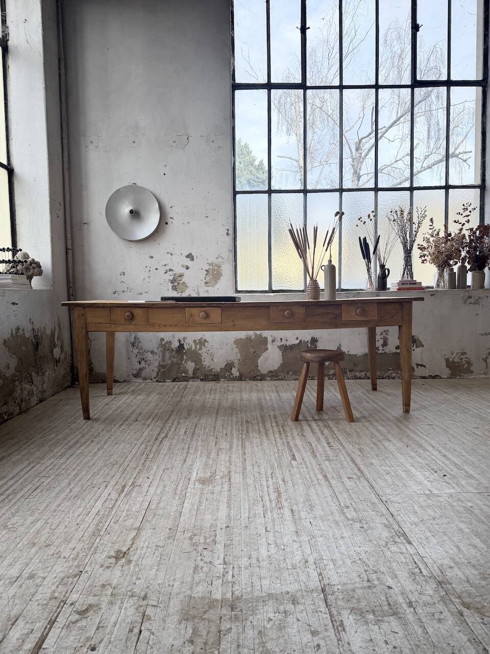 Pine and oak farmhouse table with multiple drawers, communal type, 240cm.