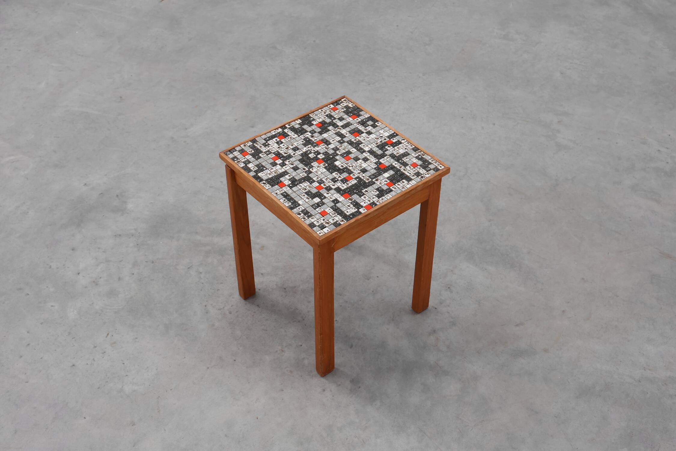 Vintage side table in pine wood tiled with mosaic, Belgium 1950s