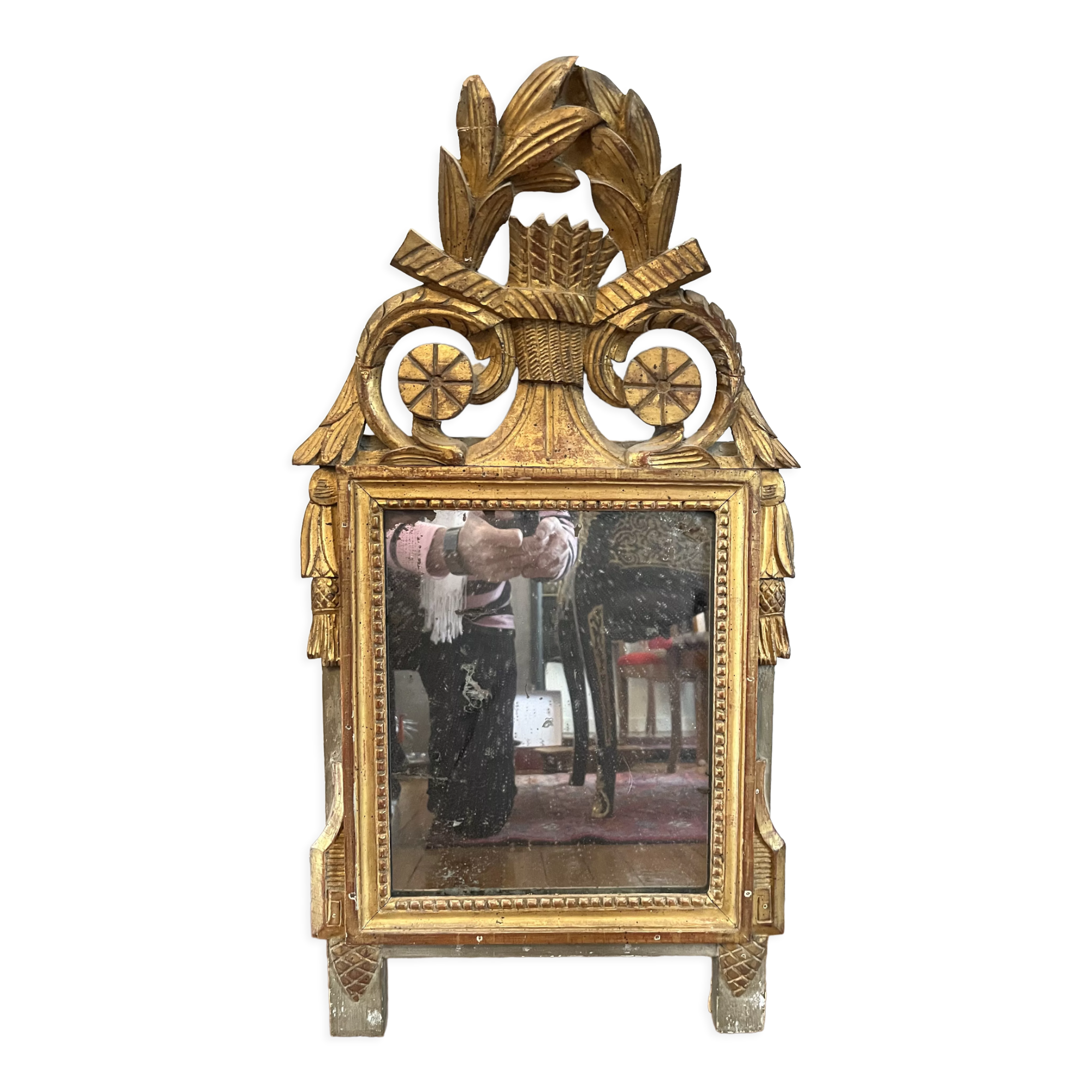 Miroir ancien en bois sculpté et doré XVIIIe, 68x35 cm