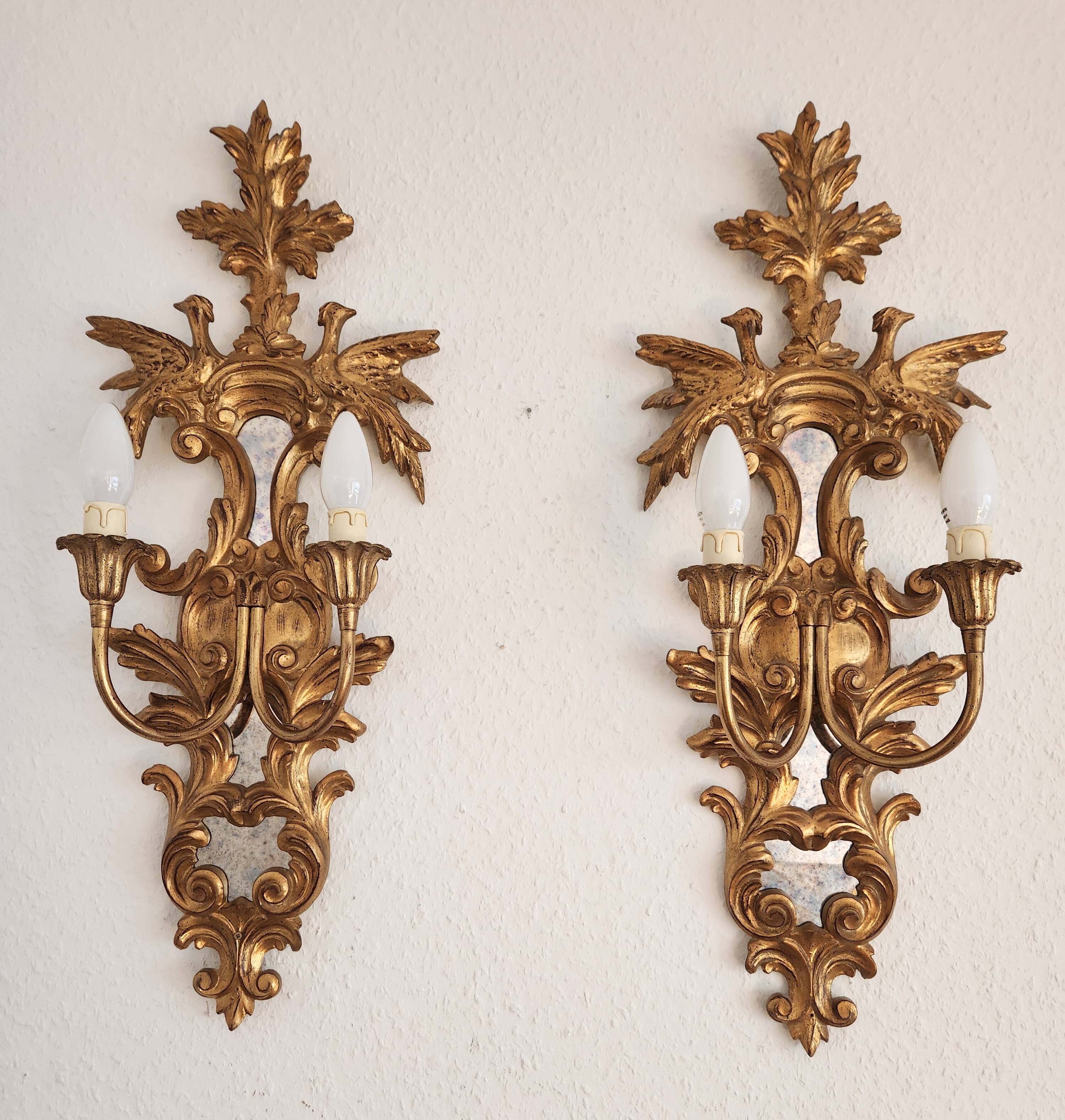 Louis XVI wall lamps Rocaille gilded carved wood antique mirror glass