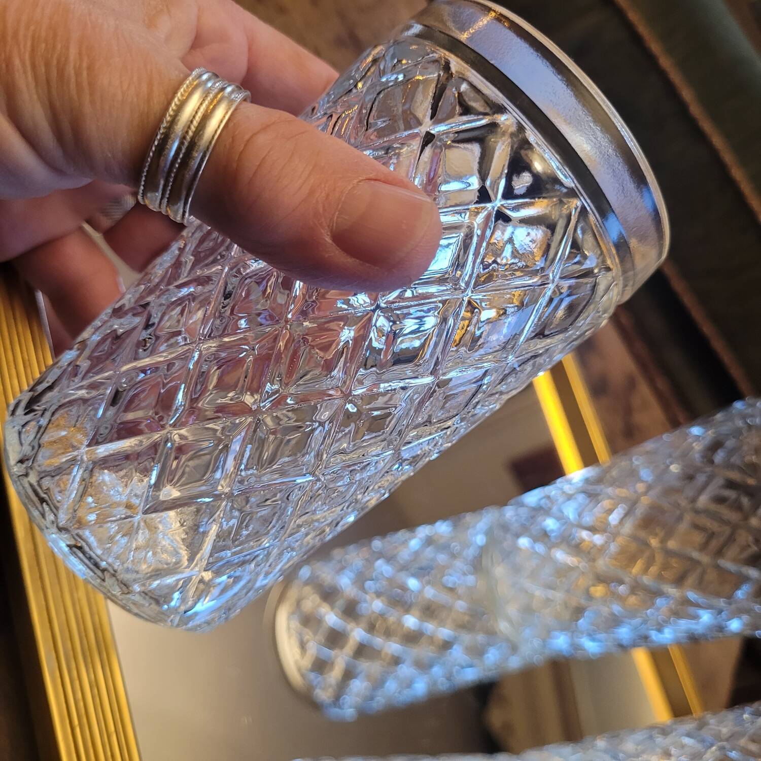 Set of three long drink glasses in pressed glass with a diamond pattern, 1960.