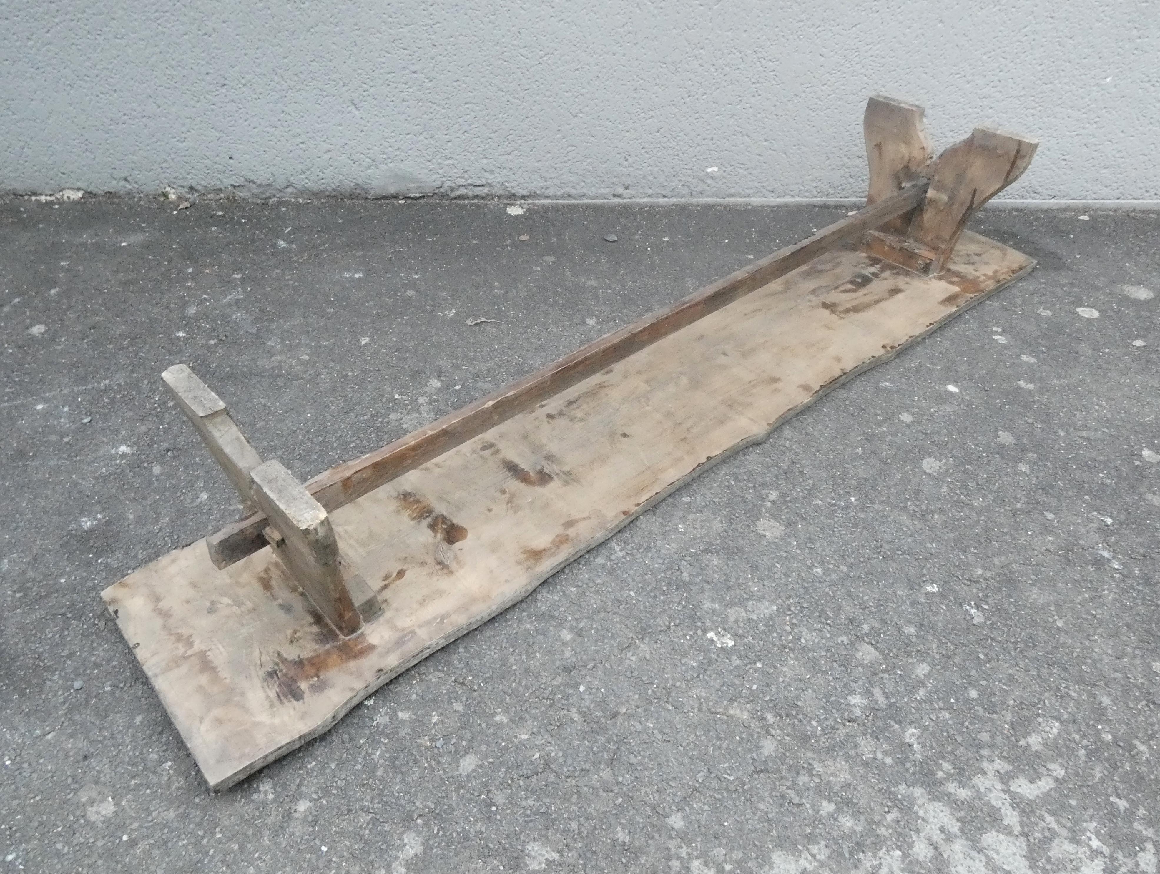 Old farm bench, bed end, in raw solid oak
