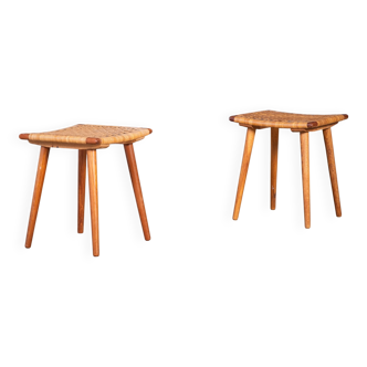 Teak Stools with Caning, 1960s, Set of 2