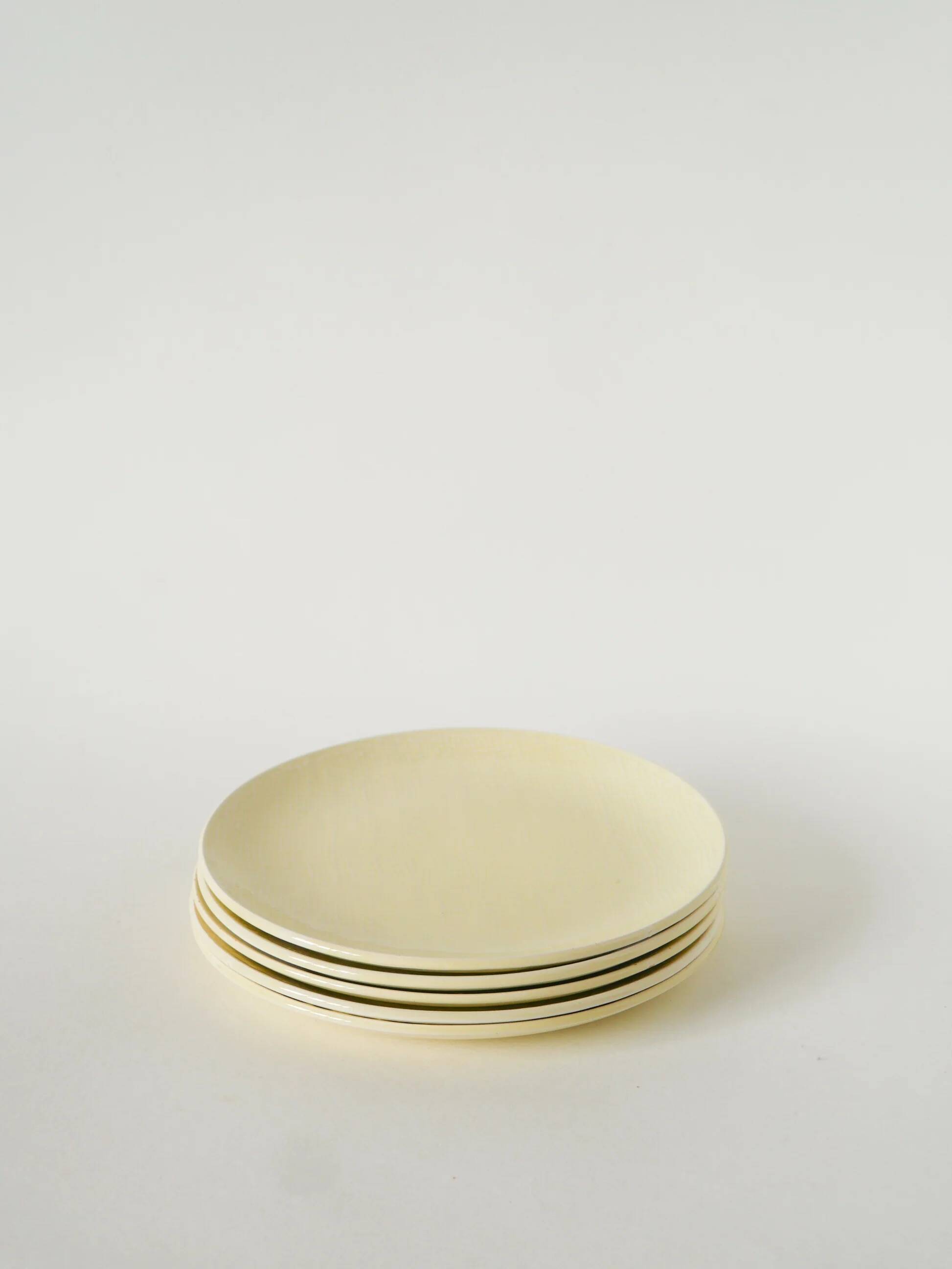 Set of 5 dessert plates, woven effect, butter yellow, Salins, 1950