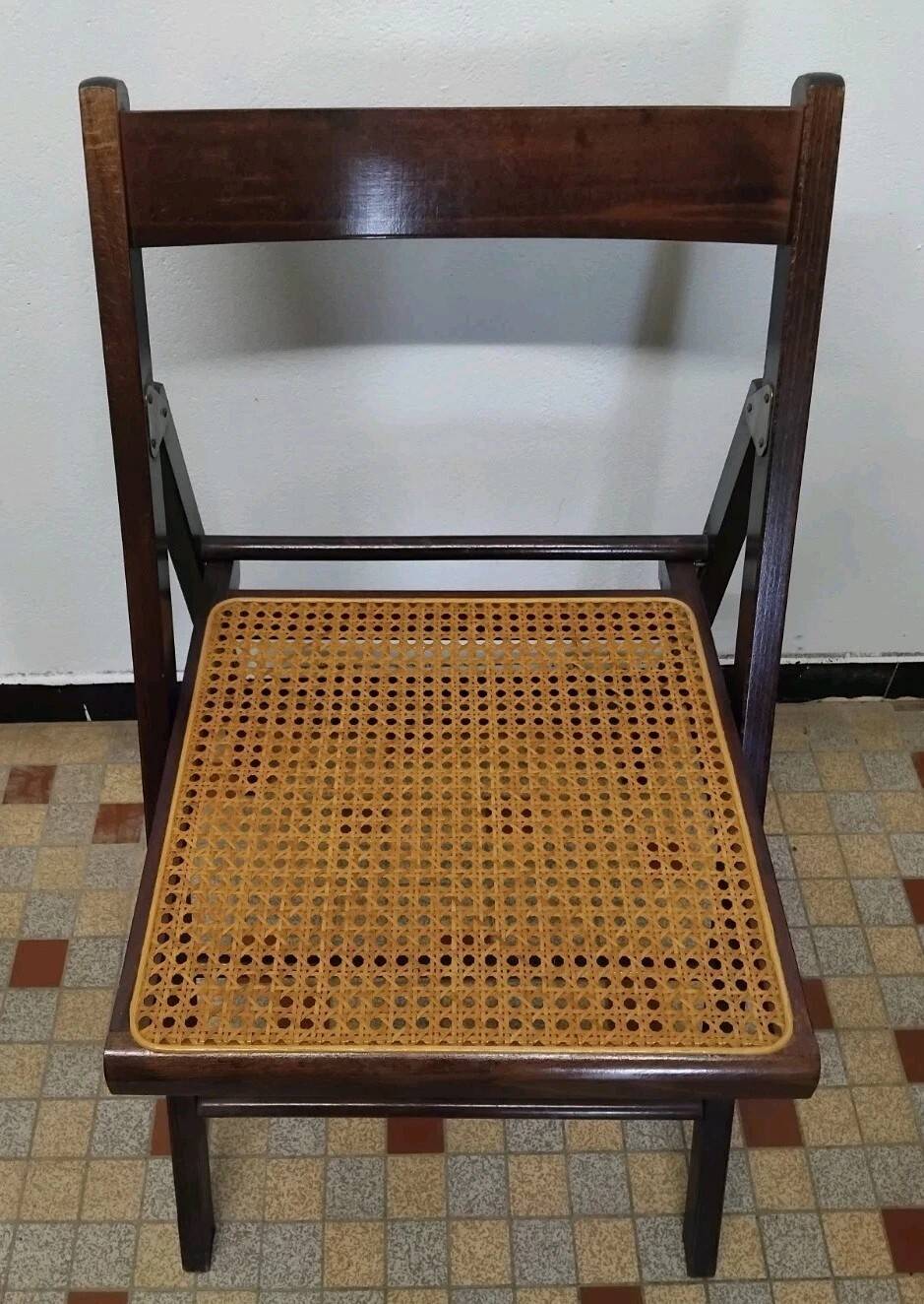 Set of 4 vintage 1970s folding chairs in wood and caning