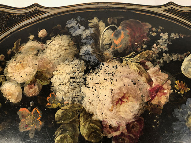 Small table with Napoleon III work, wood and boiled cardboard decorated with flowers painted with flowers