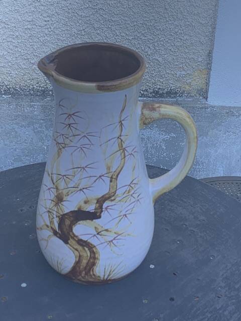 Vase, enameled ceramic jug, chiseled tree motif, west germany vintage 1970, numbered 3047