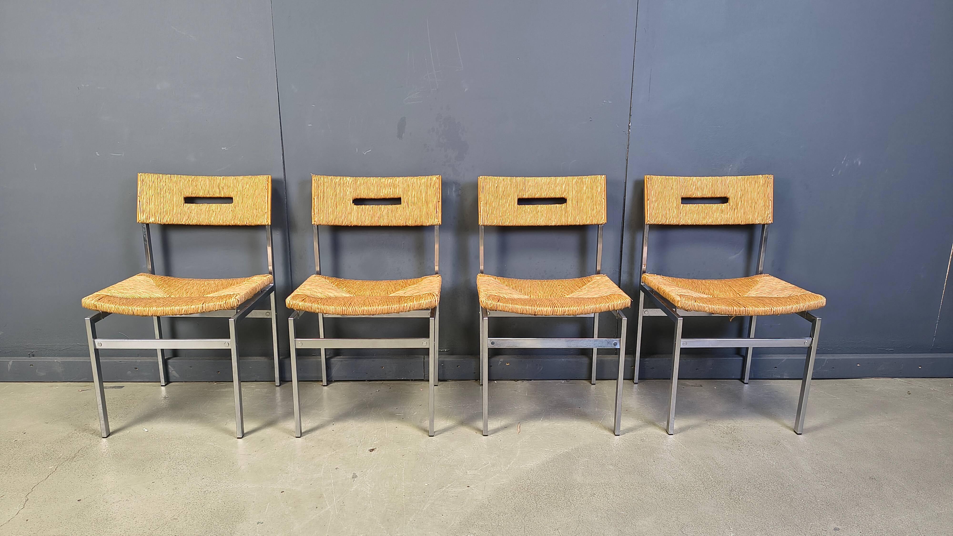 Belgian wicker and chrome dining chairs, 1970s - set of 4