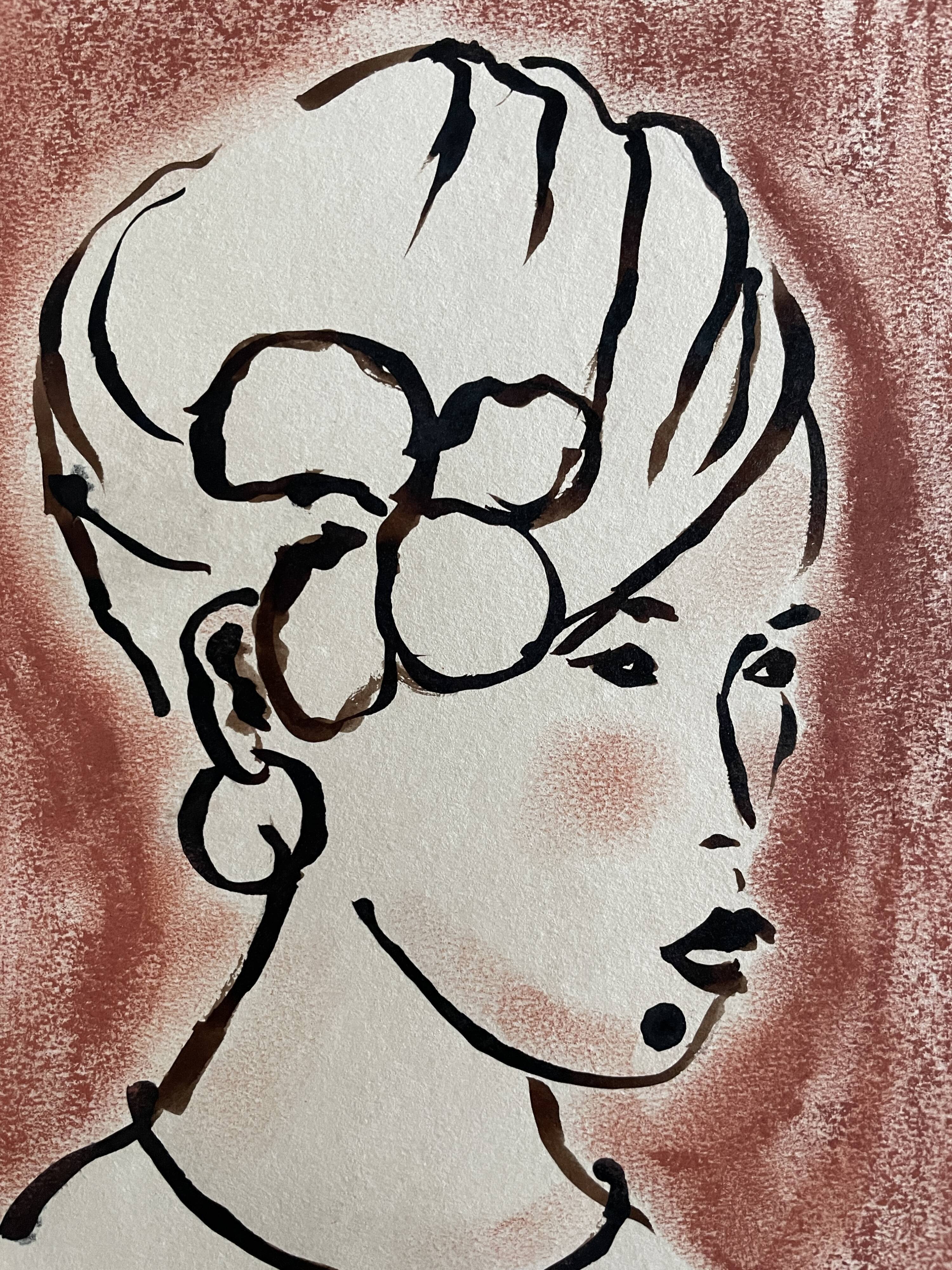 Signed painting in Indian ink and pastel, female portrait “study with a curl”